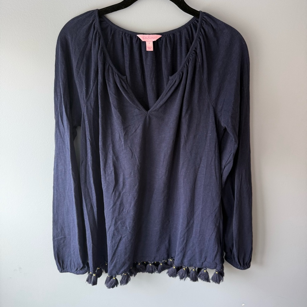 Lilly Pulitzer Navy Blue Women's Top with Tassel Hem